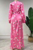 Pink Casual Print Patchwork Slit V Neck Straight Dresses