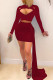 Burgundy Fashion Sexy Solid Hollowed Out Patchwork O Neck Long Sleeve Two Pieces