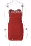 Brownness Sexy Solid Patchwork Strapless Pencil Skirt Dresses