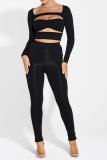 Black Sexy Solid Hollowed Out Square Collar Long Sleeve Two Pieces