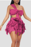 Blue Sexy Solid Tassel Bandage Patchwork Asymmetrical Collar Sleeveless Two Pieces