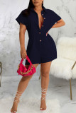 Dark Blue Casual Solid Patchwork Buckle Turndown Collar Straight Rompers