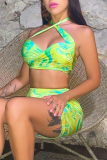 Green Sexy Print Patchwork Halter Sleeveless Two Pieces