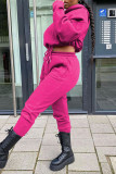 Rose Red Casual Solid Patchwork Draw String Hooded Collar Long Sleeve Two Pieces