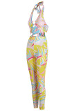 Rose Red Sexy Print Hollowed Out Patchwork Backless Halter Skinny Jumpsuits