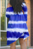 Blue Casual Print Patchwork Asymmetrical Oblique Collar Three Quarter Two Pieces