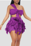 Blue Sexy Solid Tassel Bandage Patchwork Asymmetrical Collar Sleeveless Two Pieces