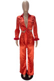 Red Fashion Casual Solid Bandage Patchwork Turndown Collar Long Sleeve Two Pieces