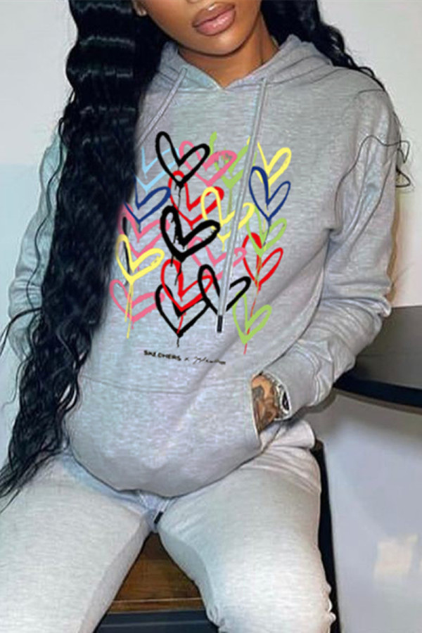 Grey Fashion Casual Print Basic Hooded Collar Tops