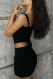 Black Sexy Solid Hollowed Out Square Collar Sleeveless Two Pieces