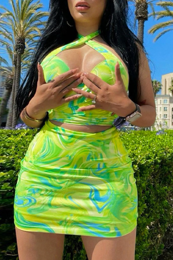 Green Sexy Print Patchwork Halter Sleeveless Two Pieces