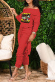 Red Fashion Casual Print Patchwork Off the Shoulder Long Sleeve Two Pieces