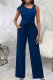 Blue Casual Solid Patchwork Flounce Asymmetrical Straight Jumpsuits