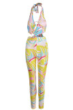 Rose Red Sexy Print Hollowed Out Patchwork Backless Halter Skinny Jumpsuits