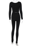 Black Sexy Solid Hollowed Out Square Collar Long Sleeve Two Pieces