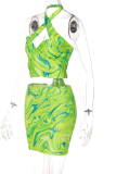 Green Sexy Print Patchwork Halter Sleeveless Two Pieces