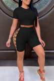 Red Sexy Solid Bandage Hollowed Out Patchwork O Neck Short Sleeve Two Pieces