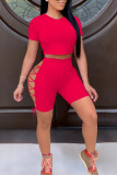 Red Sexy Solid Bandage Hollowed Out Patchwork O Neck Short Sleeve Two Pieces