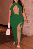 Fluorescent Green Sexy Solid Hollowed Out Halter Irregular Dress Plus Size Dresses