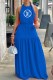 Blue Fashion Sexy Letter Print Backless O Neck Waist Skirt Dresses