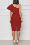 Rose Red Elegant Solid Patchwork Flounce Oblique Collar One Step Skirt Dresses