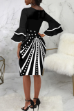 Black Fashion Print Flounce V Neck Pencil Skirt Dresses