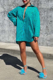 Green Casual Striped Print Patchwork Buckle Turndown Collar Tops