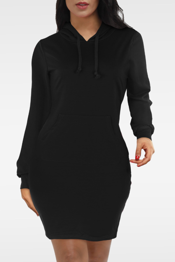 Black Casual Solid Patchwork Hooded Collar Pencil Skirt Dresses