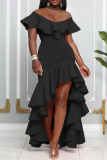 Pink Elegant Solid Patchwork Flounce Asymmetrical V Neck Evening Dress Dresses