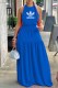 Blue Fashion Sexy Letter Print Backless O Neck Waist Skirt Dresses