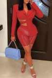 Red Sexy Solid Patchwork Mesh Turndown Collar Long Sleeve Two Pieces