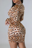 Leopard Print Sexy Print Patchwork Zipper Half A Turtleneck Long Sleeve Dresses