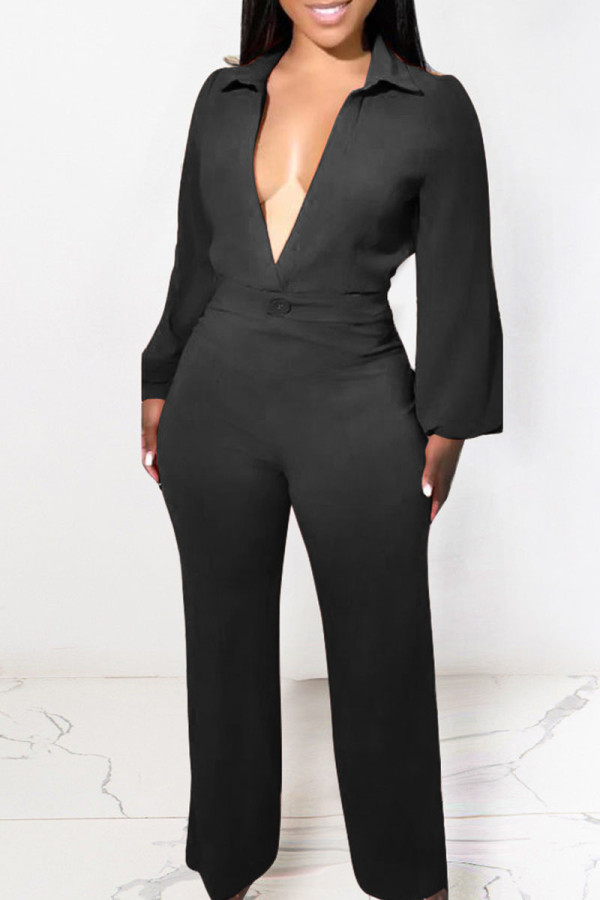 Black Sexy Solid Patchwork V Neck Straight Jumpsuits