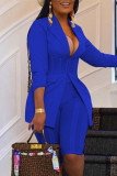 Blue Fashion Casual Solid Patchwork Turndown Collar Long Sleeve Two Pieces