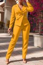 Yellow Fashion Solid Buckle Turndown Collar Long Sleeve Two Pieces