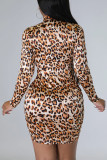 Leopard Print Sexy Print Patchwork Zipper Half A Turtleneck Long Sleeve Dresses