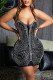 Black Fashion Sexy Patchwork Hot Drilling Backless Spaghetti Strap Sleeveless Dress