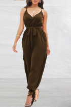 Brown Fashion Solid Patchwork Spaghetti Strap Harlan Jumpsuits