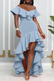 Pink Elegant Solid Patchwork Flounce Asymmetrical V Neck Evening Dress Dresses