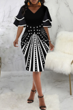 Black Fashion Print Flounce V Neck Pencil Skirt Dresses