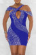 Blue Fashion Sexy Patchwork Hot Drilling Hollowed Out Backless V Neck Sleeveless Dress