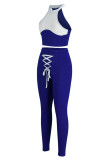 Blue Sexy Solid Patchwork O Neck Sleeveless Two Pieces