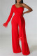 Red Fashion Casual Solid Patchwork Backless One Shoulder Regular Jumpsuits