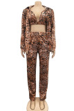 Leopard Print Fashion Casual Print Cardigan Vests Pants Turn-back Collar Long Sleeve Two Pieces