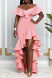 Pink Elegant Solid Patchwork Flounce Asymmetrical V Neck Evening Dress Dresses