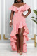 Pink Elegant Solid Patchwork Flounce Asymmetrical V Neck Evening Dress Dresses