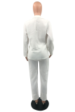 White Fashion Solid Buckle Turndown Collar Long Sleeve Two Pieces