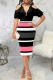 Black Pink Fashion Striped Patchwork Zipper Collar Pencil Skirt Dresses