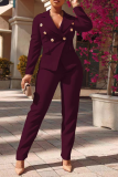 Rose Red Fashion Solid Buckle Turndown Collar Long Sleeve Two Pieces