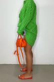 Green Casual Striped Print Patchwork Buckle Turndown Collar Tops
